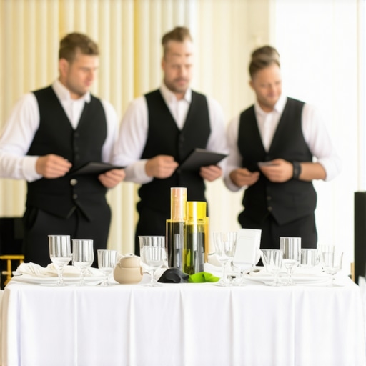 Wedding servers collaborating discreetly at a reception