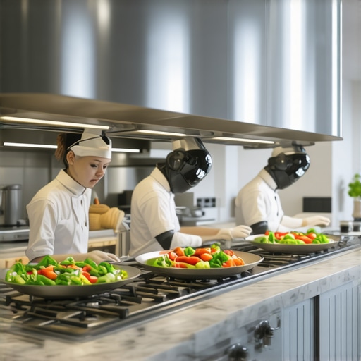 A modern, high-tech kitchen equipped with AI sensors, digital monitoring dashboards, and robotic assistants orchestrating food preparation and service.