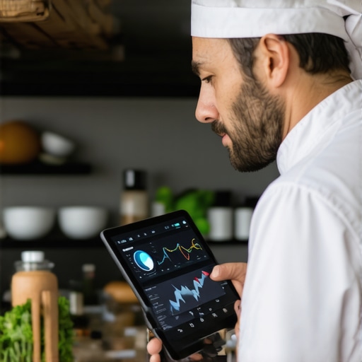 Chef analyzing supply chain data on digital device in high-end kitchen.