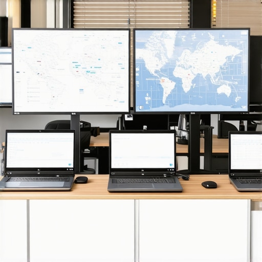 A modern control room with multiple screens displaying AI analytics and live delivery routes for event planning