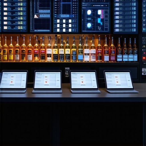 Futuristic control room with screens showing liquor management data.