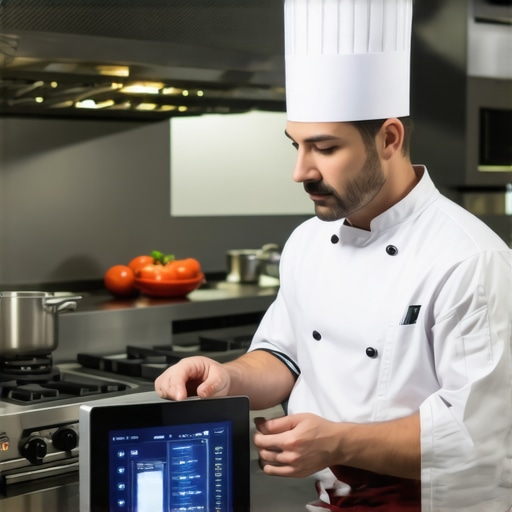 Chef using digital allergen tracking system in a modern kitchen.
