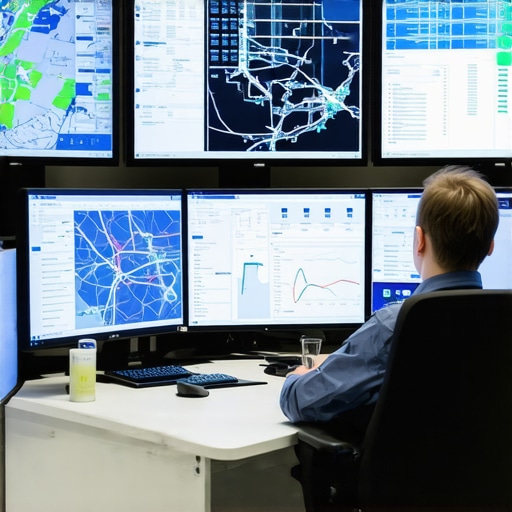 A high-tech control room with multiple monitors showing logistics and performance analytics for event catering.
