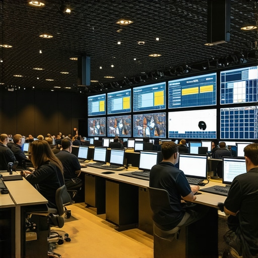 Event staff coordinating using headsets and data displays during a large banquet.