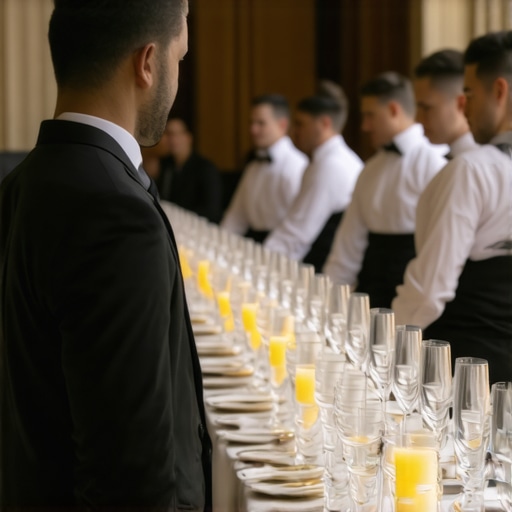 Event servers using technology to coordinate service in an elegant corporate setting.