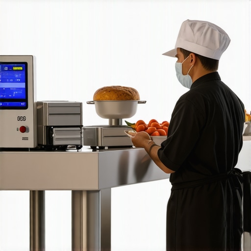 Outdoor catering setup featuring climate monitoring technology and staff managing food safety in variable weather conditions.