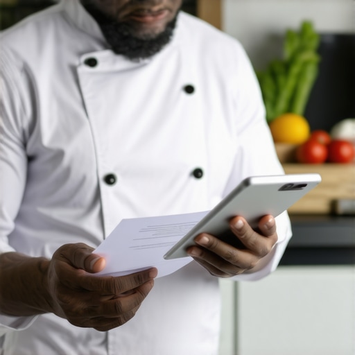 Private chef analyzing receipts with tablet and calculator in a sophisticated kitchen