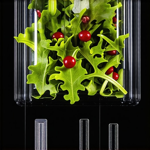 Close-up of innovative salad packaging featuring microbial protective films and sensor devices.