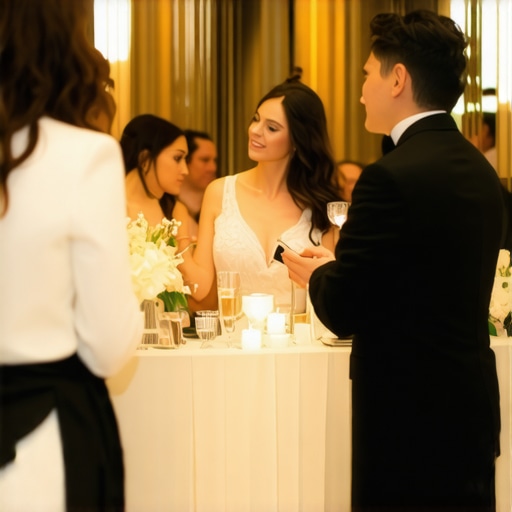 Servers engaged with guests during a wedding reception in a stylish venue