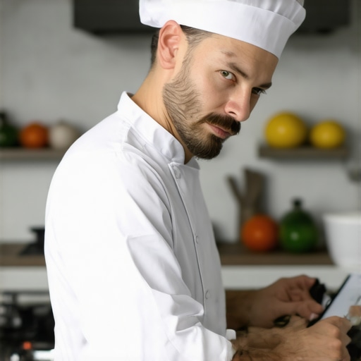 Private chef managing ingredient sourcing with digital analytics tools.