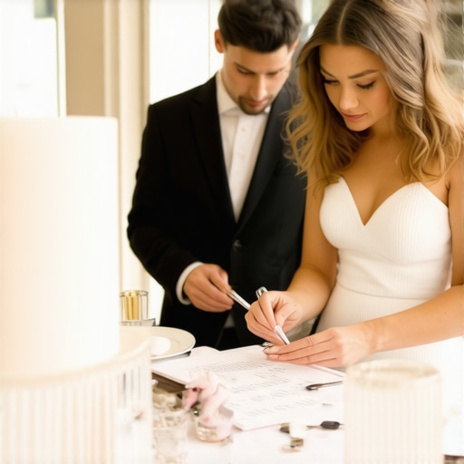 Catering professionals examining contractual documents at a wedding venue.