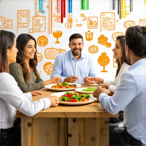A multicultural group negotiating culinary agreements with cultural decorations around