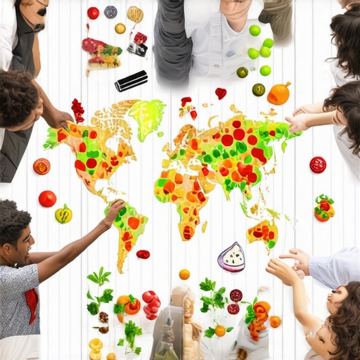 Multicultural professionals negotiating around a table with culinary symbols.