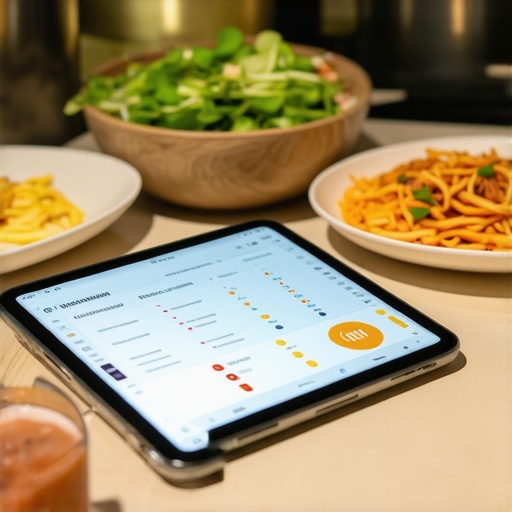 Advanced technological gadgets used in a corporate event catering setting for personalized service and logistics management