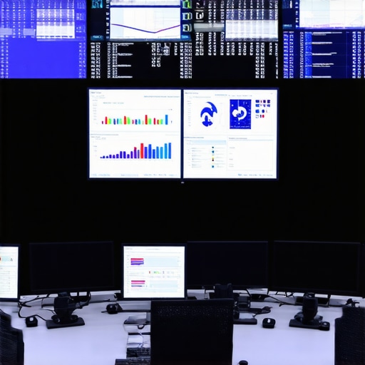 Control room with multiple screens displaying analytics and live data for wedding event coordination