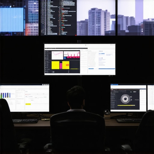 Futuristic event management control room with screens displaying analytics and team communication.