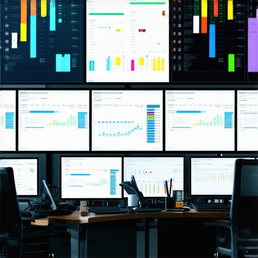 A high-tech control room with monitors showing live staffing and logistics updates, representing innovative wedding management technology.