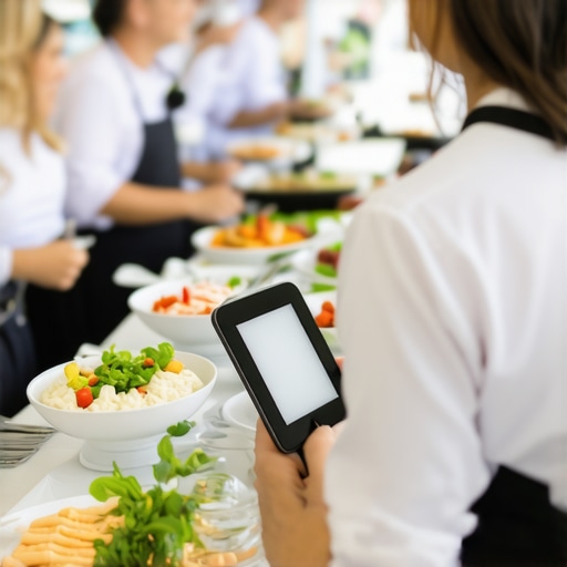 Catering staff using technology to coordinate at a high-profile corporate event