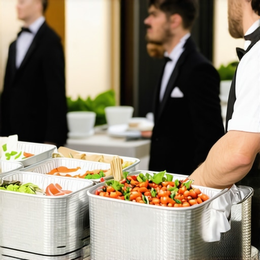 Catering delivery at outdoor wedding with insulated containers and professional servers