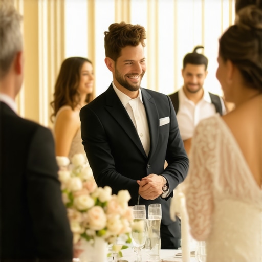 Wedding server engaging warmly with multicultural guests, showcasing professional and personalized service.