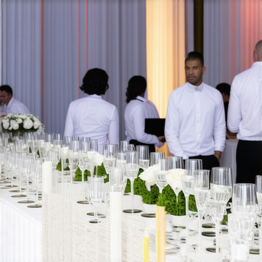 Wedding servers actively managing guest service in a beautifully decorated venue