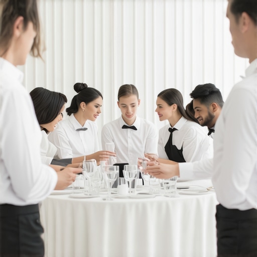 Servers coordinating seamlessly at a luxury event with communication gadgets.