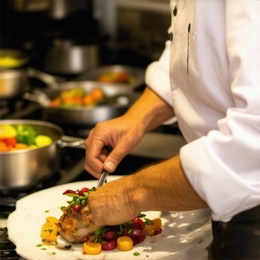 Private chef preparing an elaborate gourmet meal in a high-end kitchen