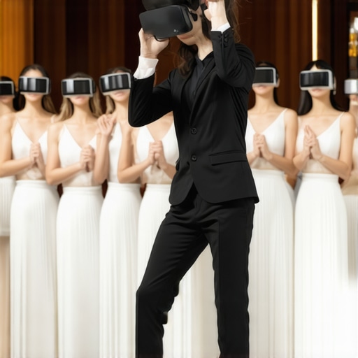 A diverse team of event staff using VR headsets during training in a luxurious wedding setting.