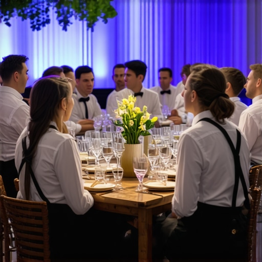 Team of event professionals coordinating logistics with communication devices in an elegant venue
