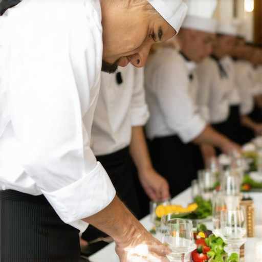 Private chef and servers performing coordinated service at a wedding