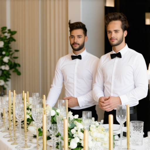 Three skilled servers collaborating smoothly at a luxurious private dinner event.
