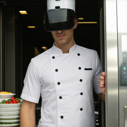 Delivery staff in elegant attire using AR headsets to oversee food transport
