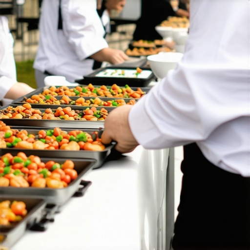 Catering staff using technology and organized stations for a large outdoor event.