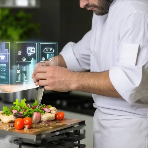 Private chef using advanced tools and augmented reality for preparing gourmet dishes in a luxury event setting.