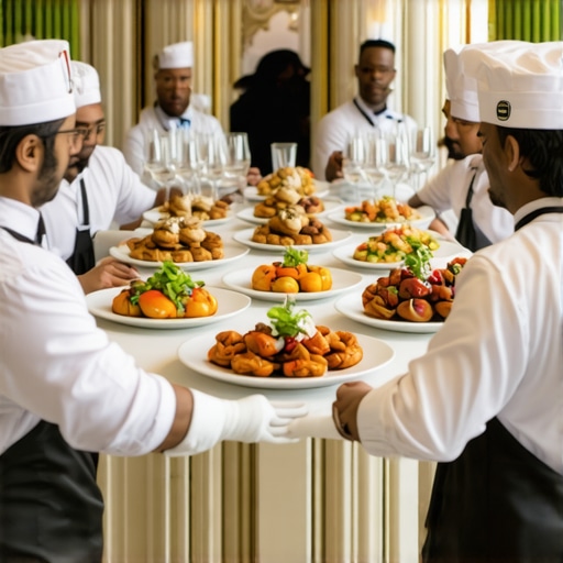 Catering delivery team using GPS tracking in a luxury event environment.