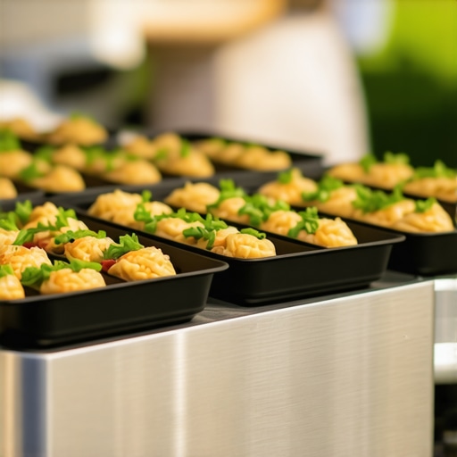 Professional mobile climate-controlled catering equipment in outdoor wedding setting.