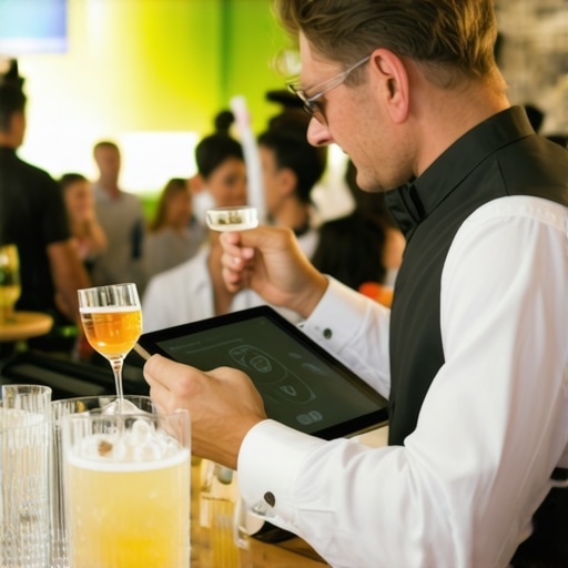 Bartender managing digital beverage system during wedding reception