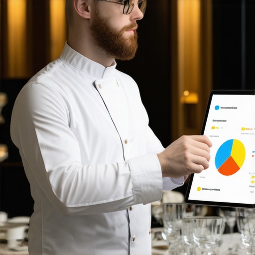 Server monitoring a digital dashboard for guest engagement and service optimization in a luxury setting.