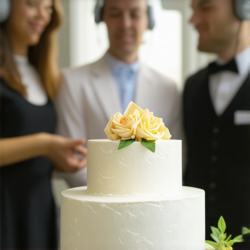 Wedding servers using wearable tech and headsets for precise communication during cake presentation.