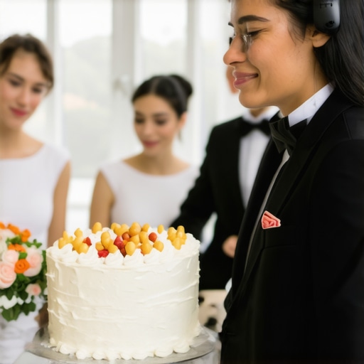 Wedding servers using wearable tech and headsets for precise communication during cake presentation.
