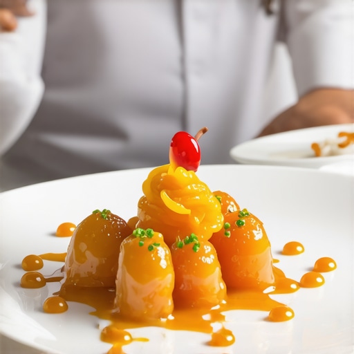 Chef demonstrating molecular gastronomy techniques with vibrant, artistic dishes
