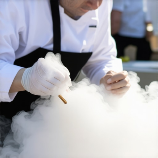 Chef demonstrating molecular gastronomy techniques with liquid nitrogen at outdoor wedding