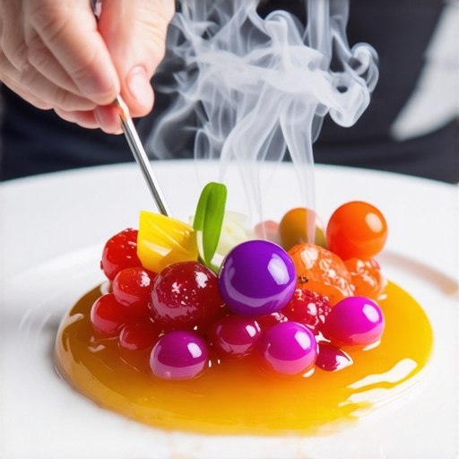 Chef preparing a modern, colorful dessert with molecular gastronomy techniques