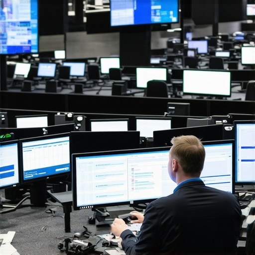 Event coordinators monitoring digital dashboards for logistics and staffing management.