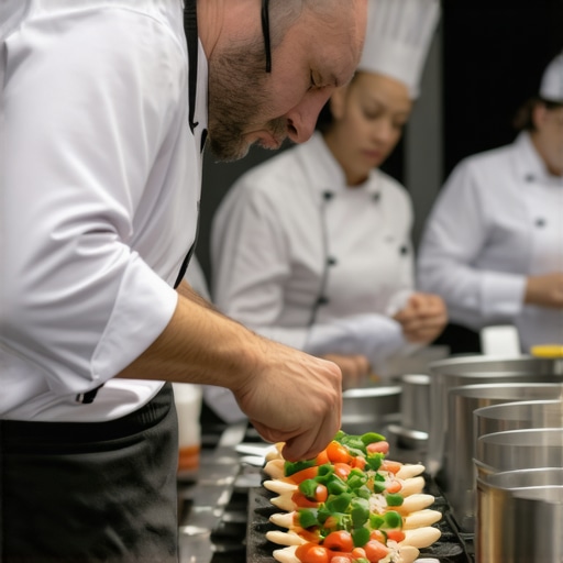 Chef creating a live station during a corporate gathering with staff assisting and guests watching.
