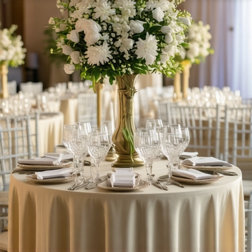 Wedding reception with sophisticated decor and fine dining arrangements