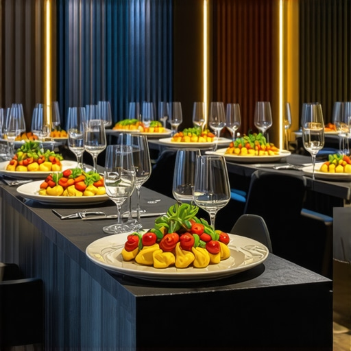 Upscale private event with sophisticated tableware and gourmet dishes