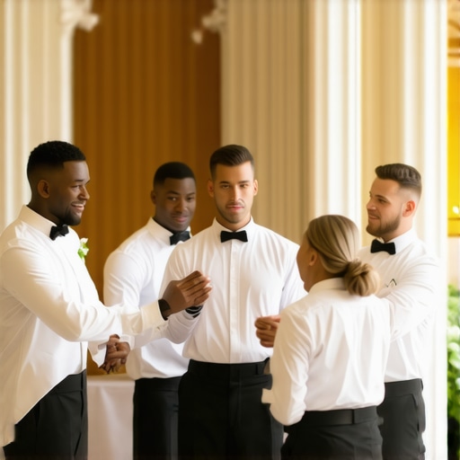 Wedding staff dressed in elegant uniforms during event preparation