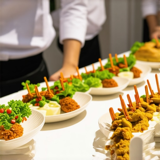 Catering staff using IoT devices to monitor food quality during an upscale event.