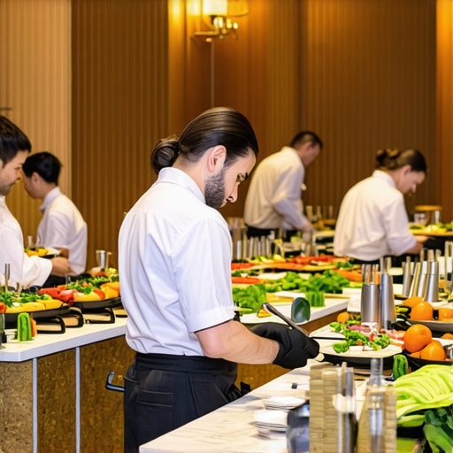 Elegant event scene with professional staff and high-end catering arrangements.